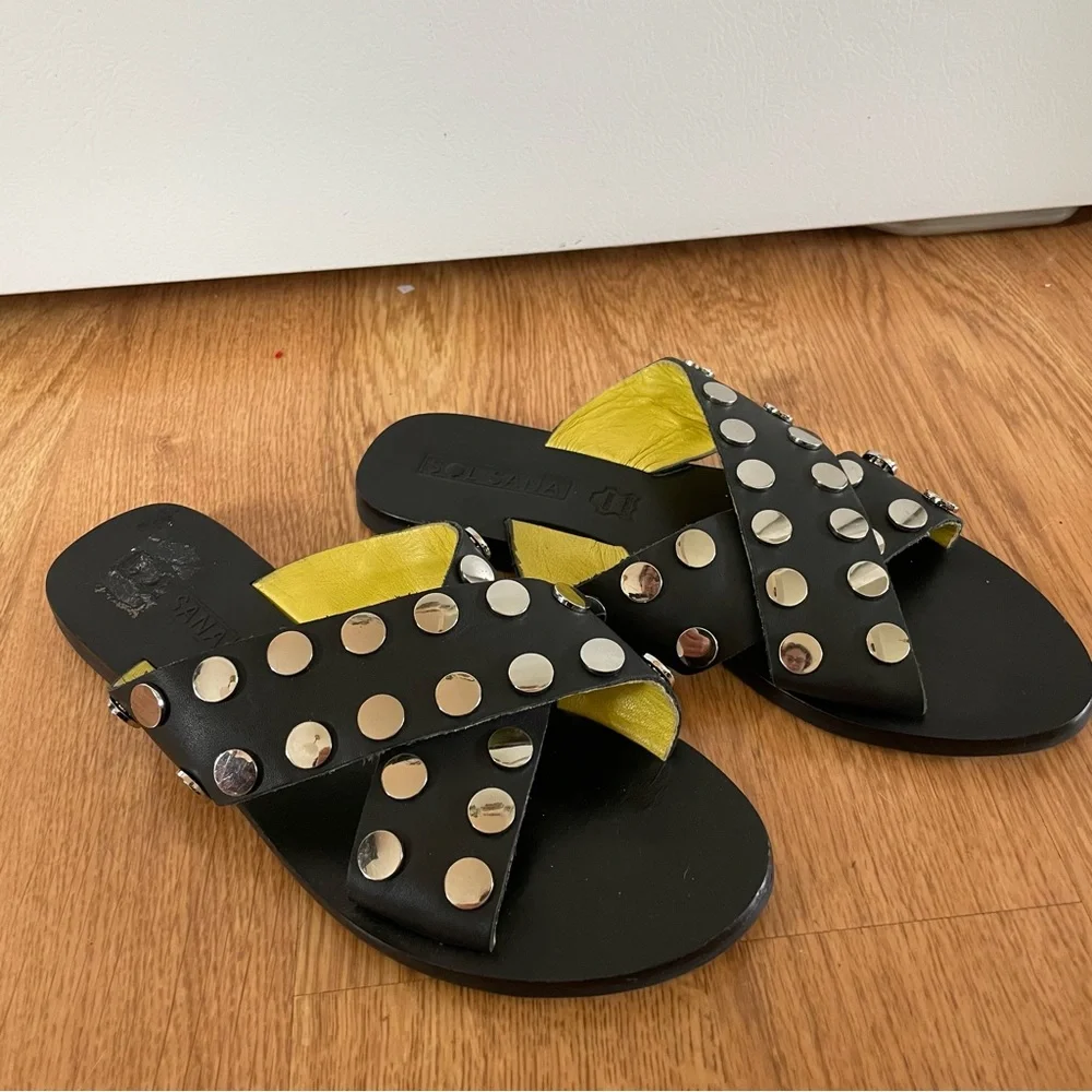 NWOT Sol Sana Black Genuine Leather Studded Crossover Sandals Size 37/7 Revolve - Picture 7 of 9